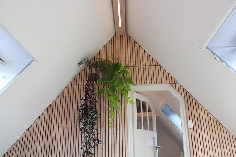 De lattenwand met plantennis en houten lamp langs de nok