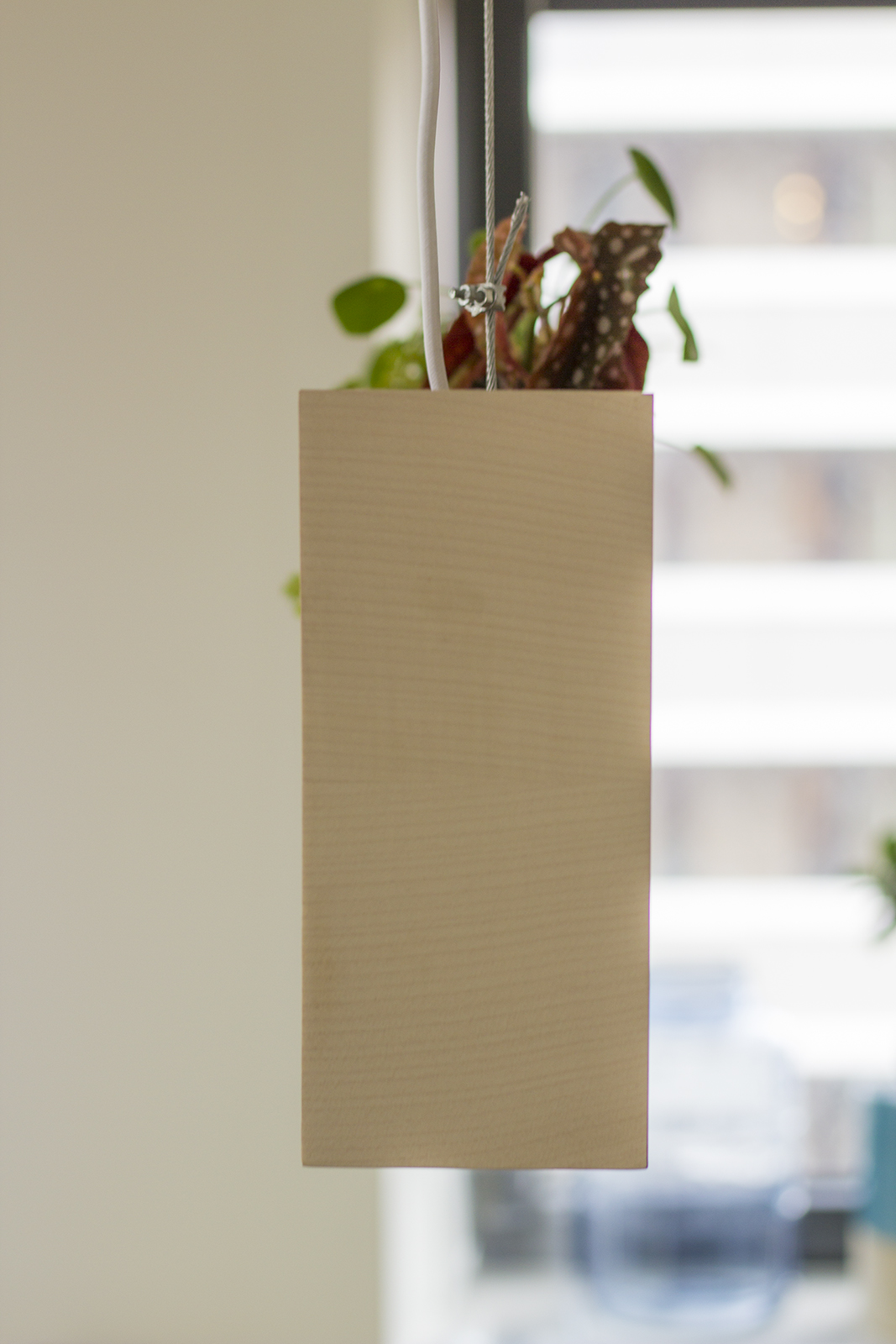 De smalle zijkant van de hanglamp met de ophanging en planten
